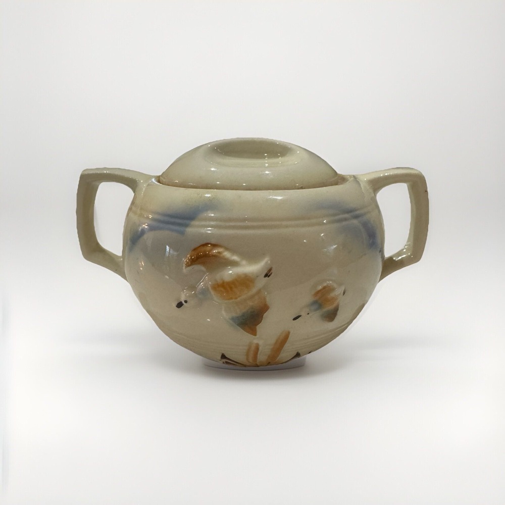 1930s Sugar Bowl With Lid Birds Geese Ducks In Flight Ceramic READ
